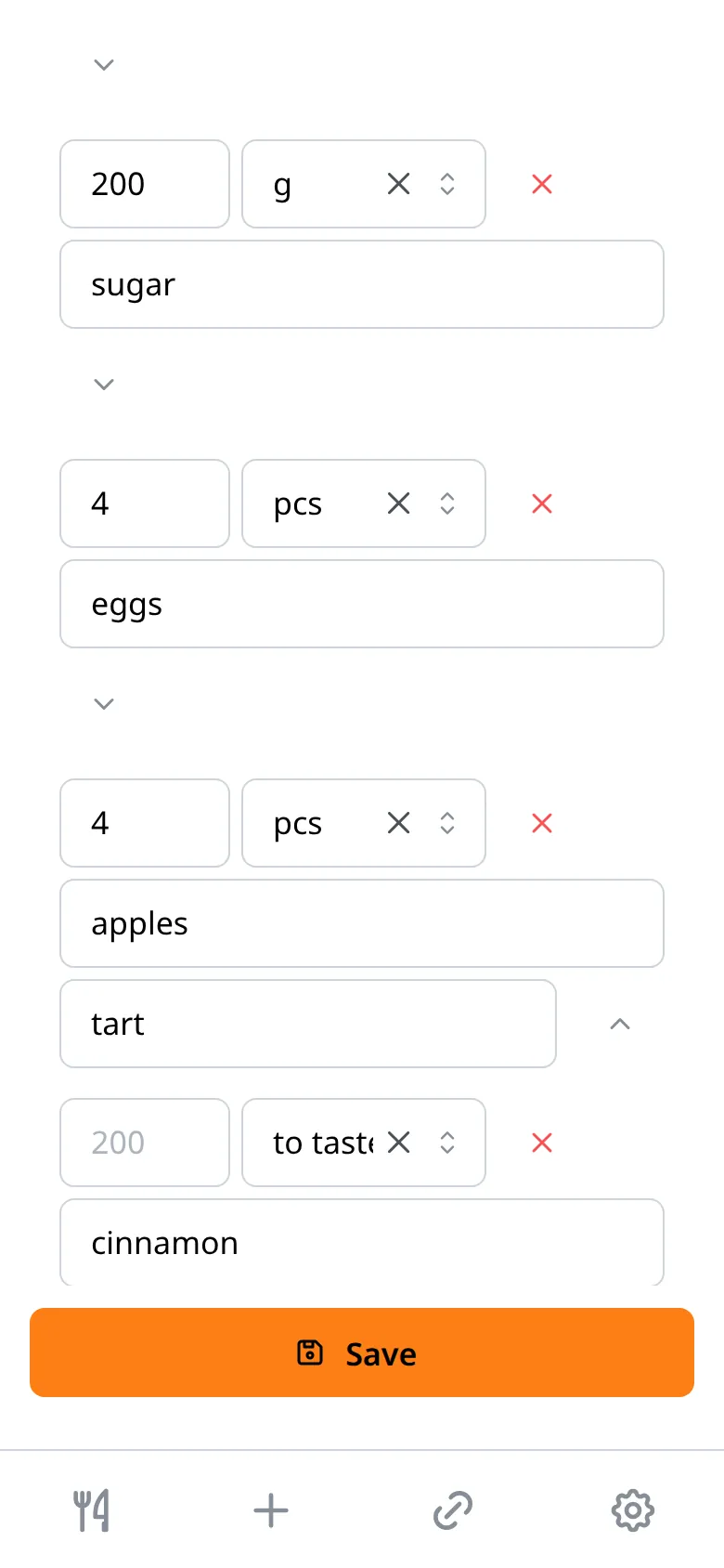 The recipe editor: every ingredient has separate fields for amount, unit, name and note
