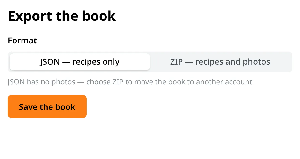 The export screen: a JSON or ZIP format switch and a Save book button