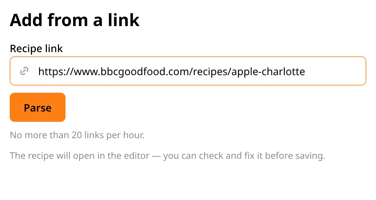 The import screen: a field with a recipe address and a Parse button