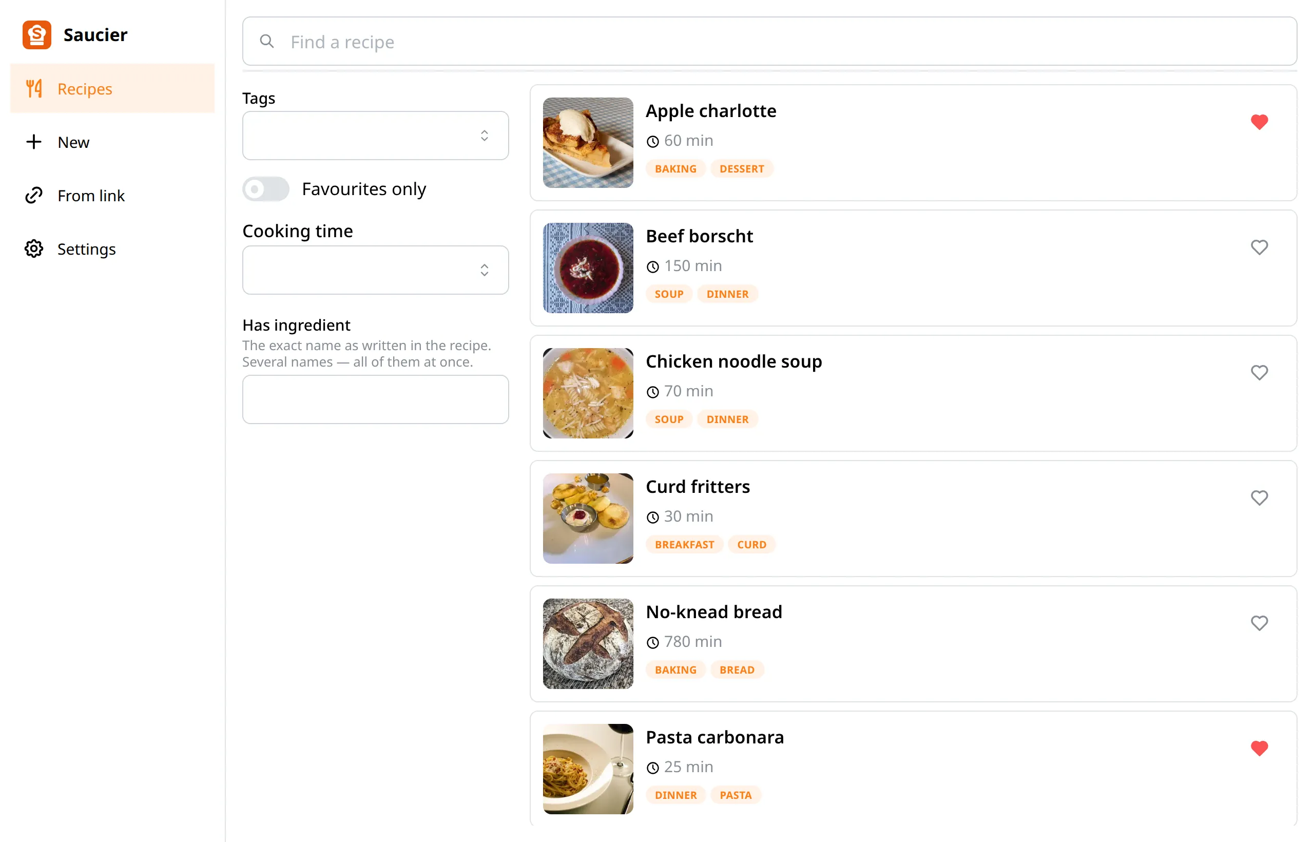 The recipe list: search, filters by tag, cooking time and ingredient, recipe cards with time and tags