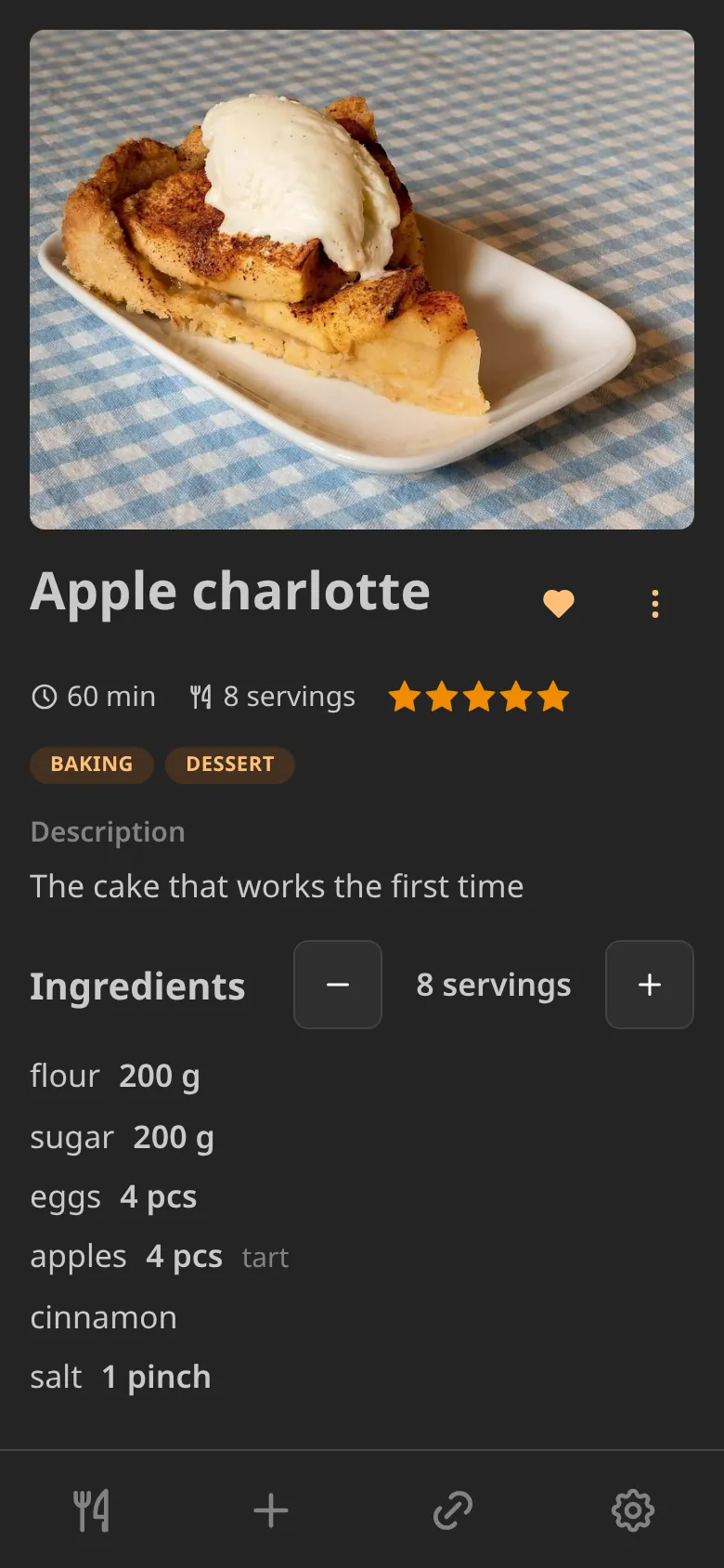 The same recipe screen in the dark theme