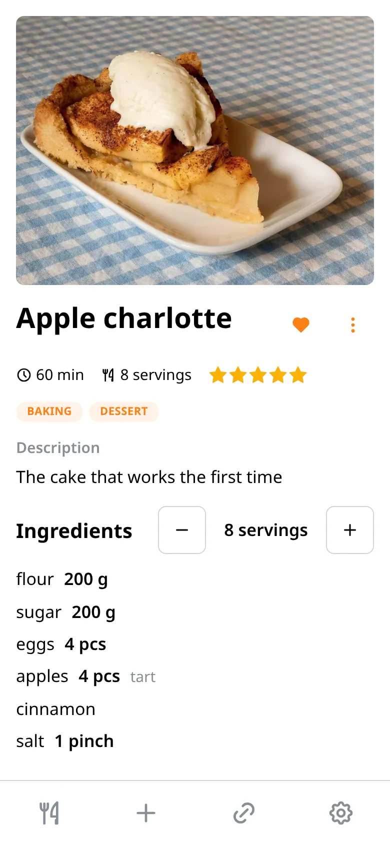 The recipe screen: title, time, servings, rating and the ingredient list with amounts