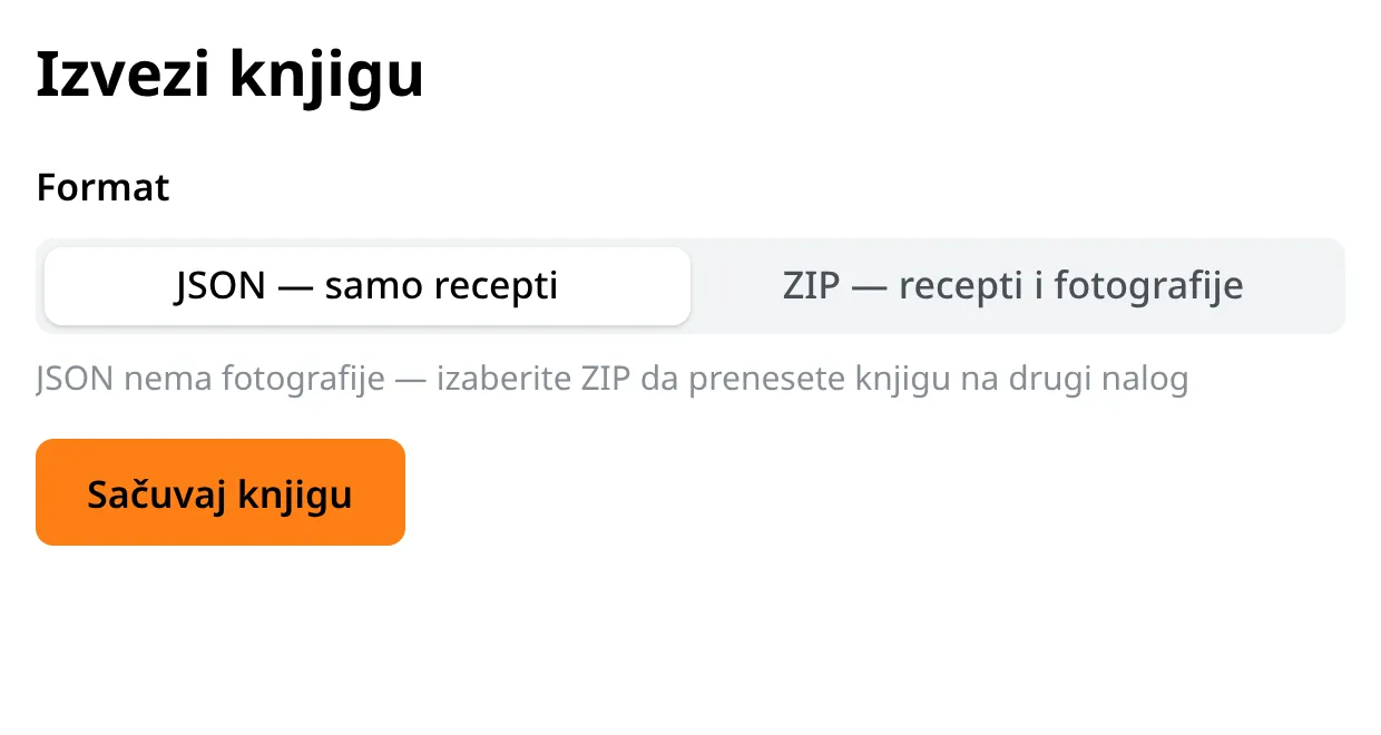 Ekran izvoza: prekidač formata JSON ili ZIP i dugme Sačuvaj knjigu