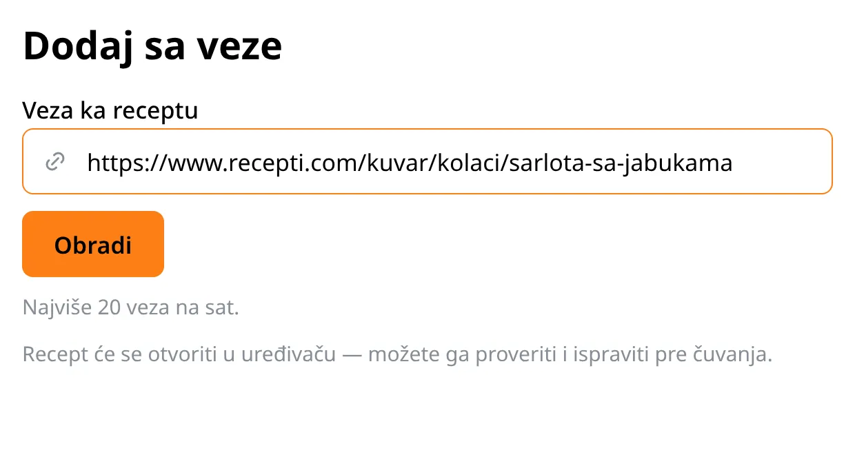 Ekran uvoza: polje sa adresom recepta i dugme Obradi