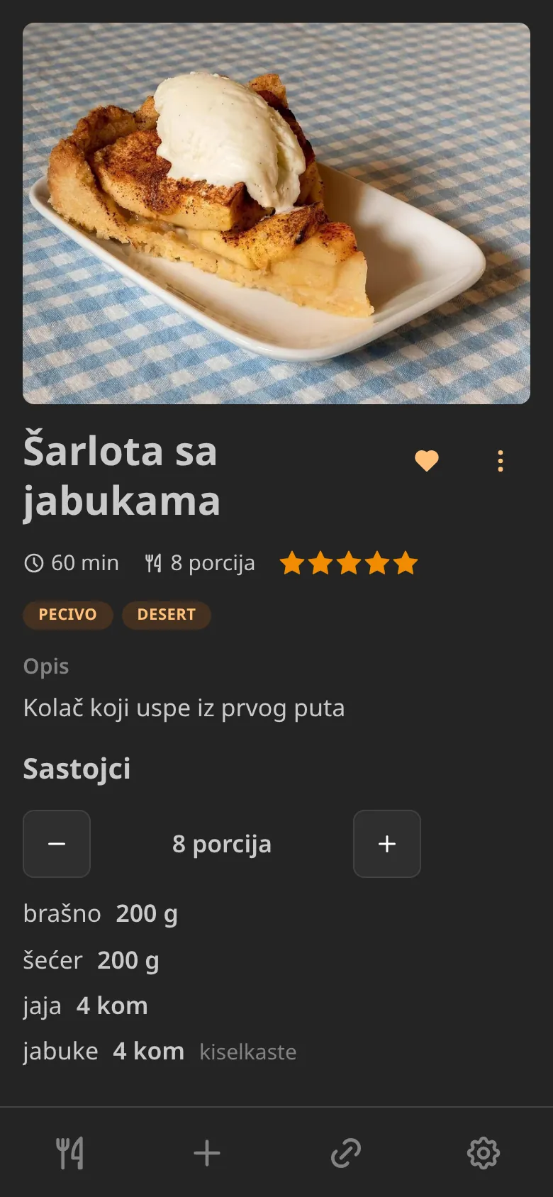 Isti ekran recepta u tamnoj temi