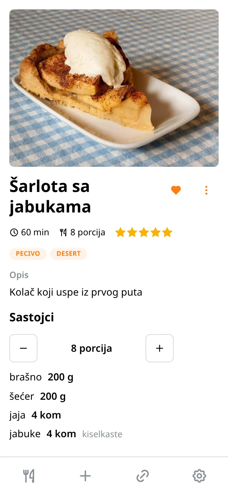 Ekran recepta: naziv, vreme, porcije, ocena i spisak sastojaka sa količinama